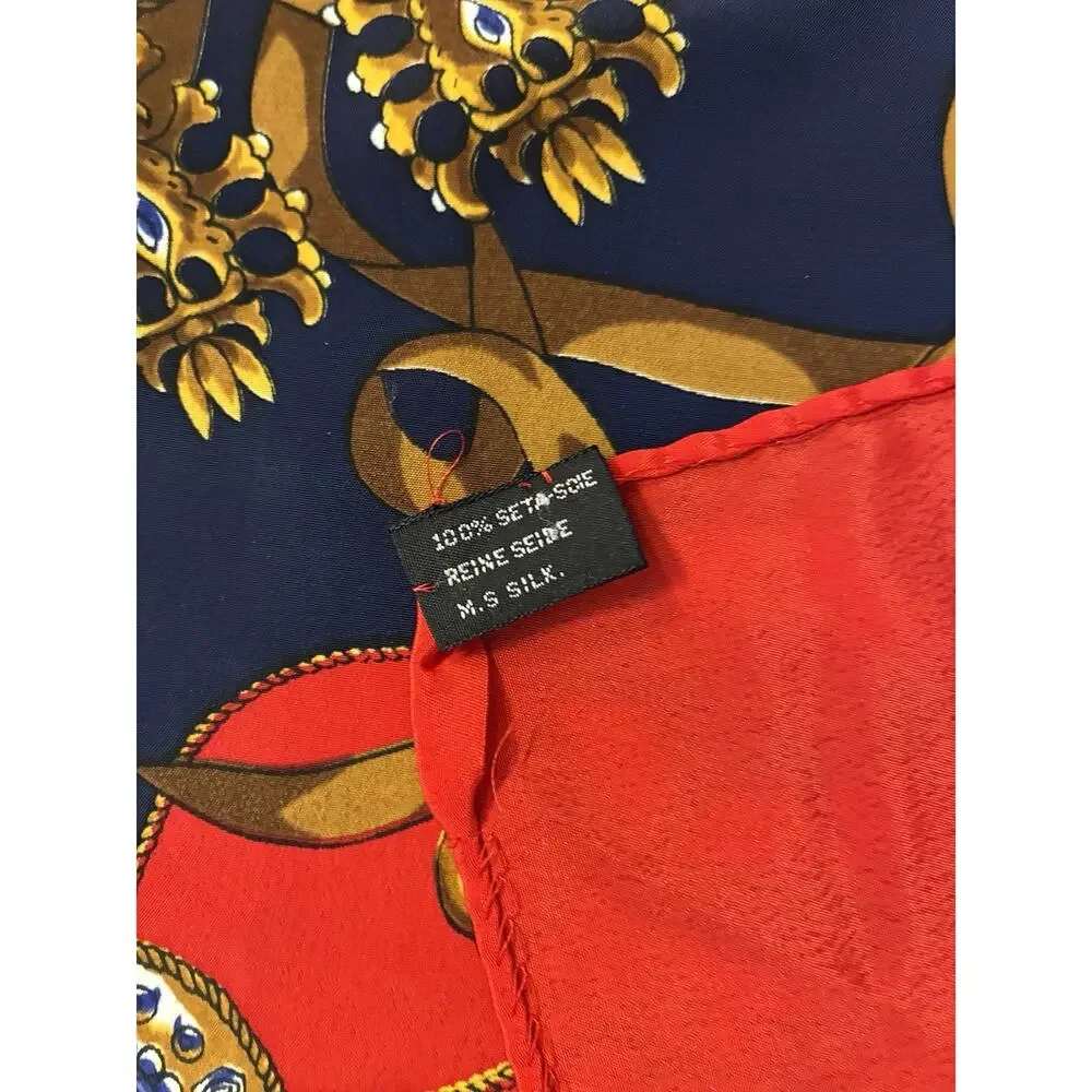 Vintage 100% Silk Square Scarf Navy Blue Red Gold Baroque Jewelry Medallion